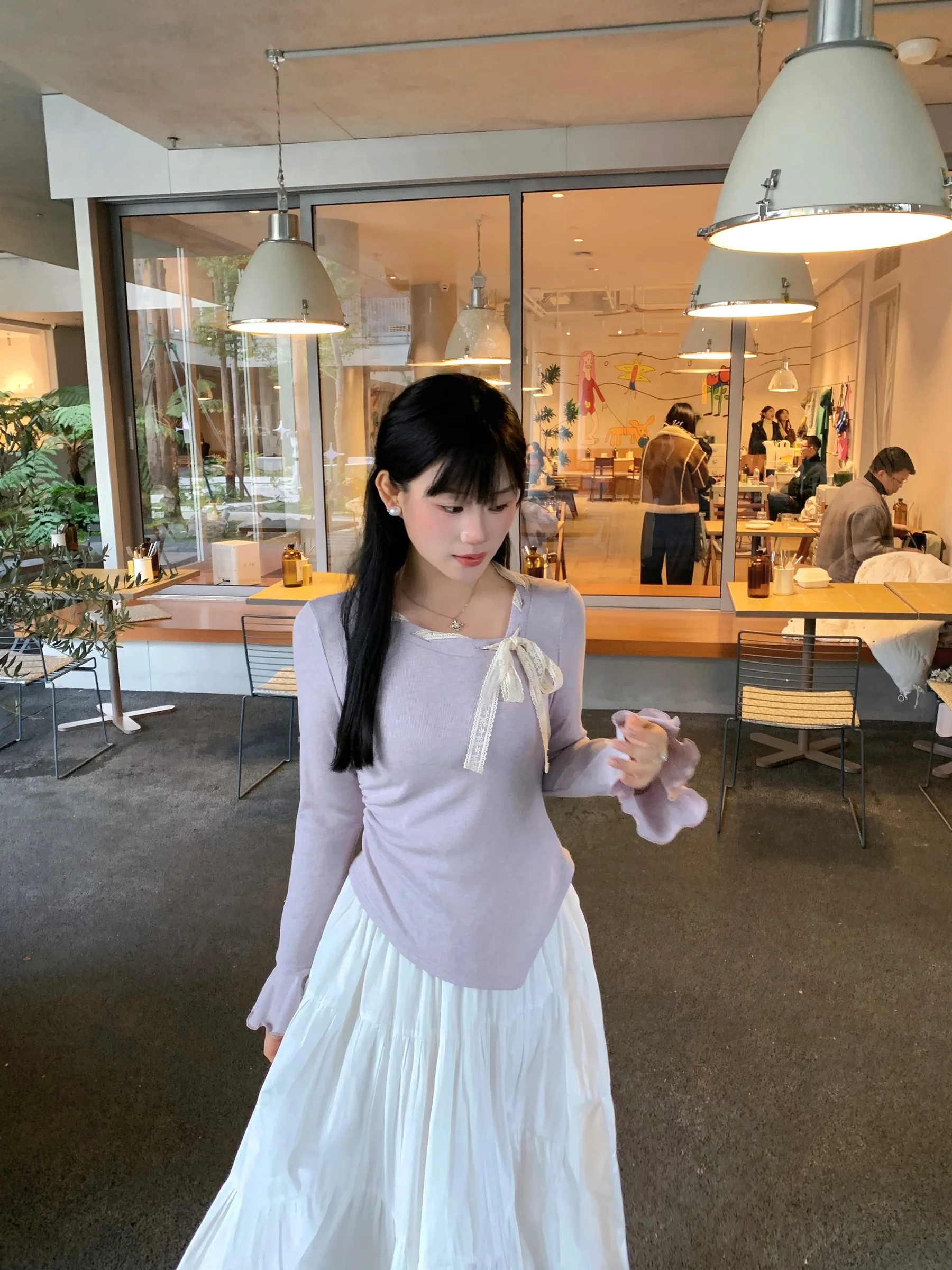 

Фиолетовая женская трикотажная футболка с длинным рукавом, облегающая, с завязками на талии, весенняя новинка, французский стиль, мягкий трикотаж