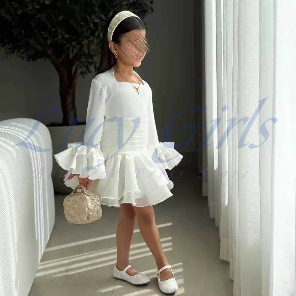 

Quality Simple Mini Flowers Girl Dress Crepe Tiered Birthday Party Dresses Full Sleeves For Kid Prom Wedding Gowns Customized
