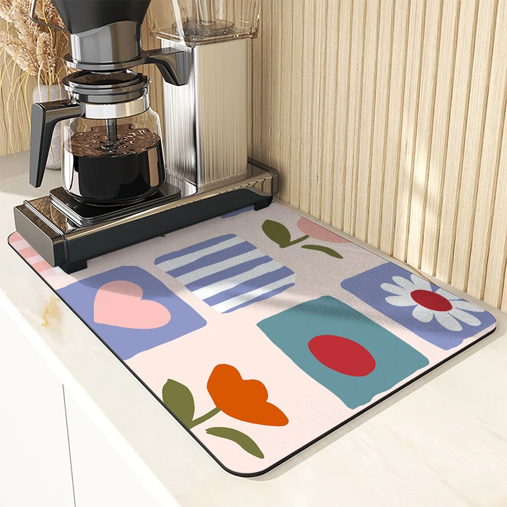 Large Kitchen Absorbent Mat Doodle Cute Antiskid Draining Coffee Dish Drying Mat Quick Dry Bathroom Drain Pad Tableware Mat