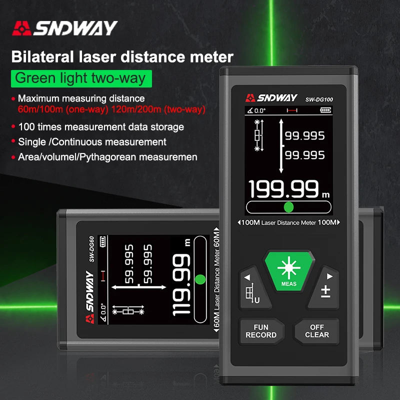 

SNDWAY Bilateral Laser Distance Meter Green Laser Measurement Tool Mini Digital Range Finder 60M 100M