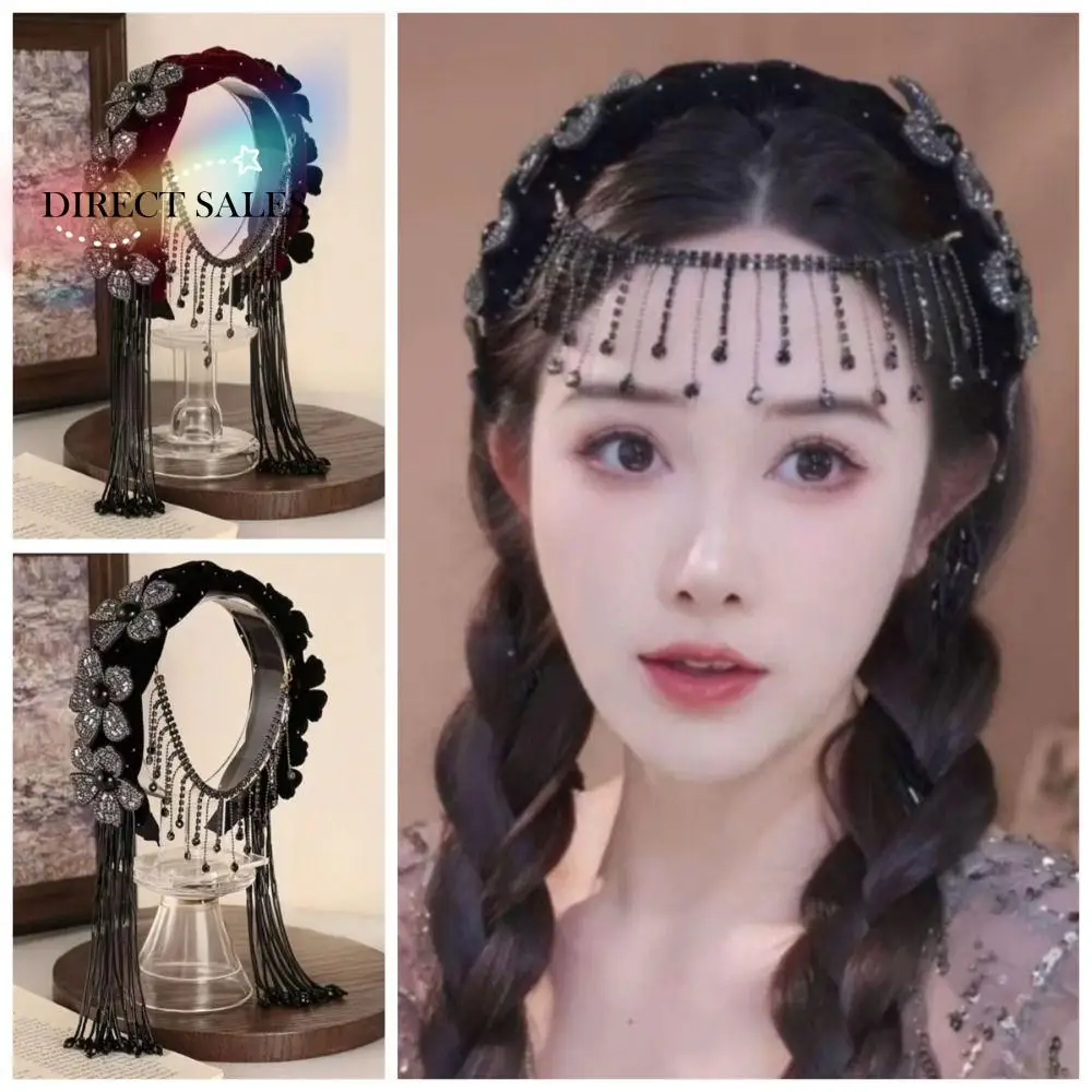 

Korean Style Braid Flower Hair Hoop Exquisite Rhinestone Wide Hair Band with Tassel Sweet Elegant Headband Ladies Hairpin