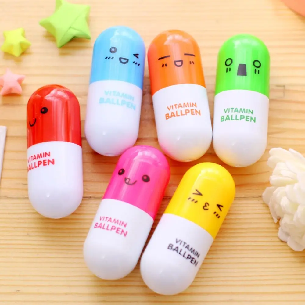 Telescopic Pill Ball Point Pen Painting Drawing Cartoon Retractable Pill Pens Cute Smiling Face Capsule Telescopic Pen