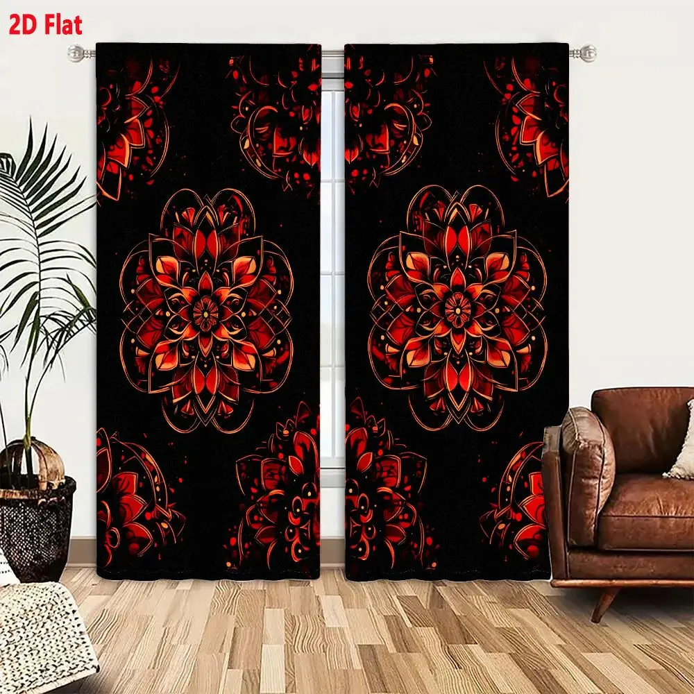 2Pcs Curtains Add 2D Flat Ornate Red And Gold Mandala Pattern On Black Background Window Drapes for Bedroom Room Decor Decoratio