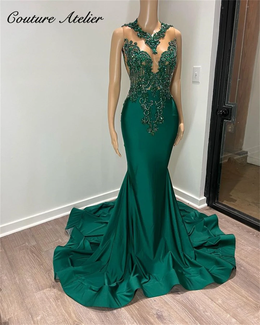 Vintage Green Satin Luxury Beaded Prom Dresses 2024 For Black Girls Mermaid Dress Party Evening Elegant Celebrity Sexy Formal