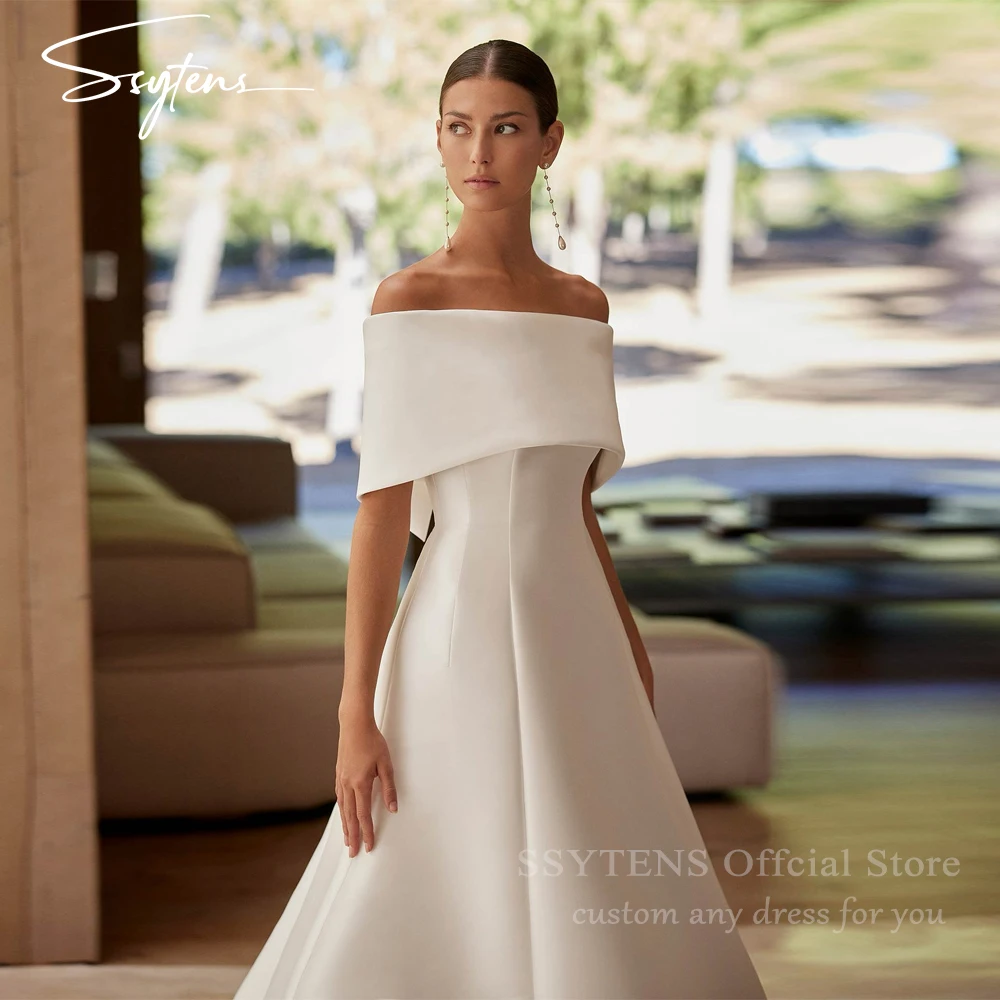 

SSYTENS Customized Simple A Line Wedding Dresses Satin Off-shoulder Boho Bridal Gowns 2 in 1 Casual Wedding Dresses for Brides