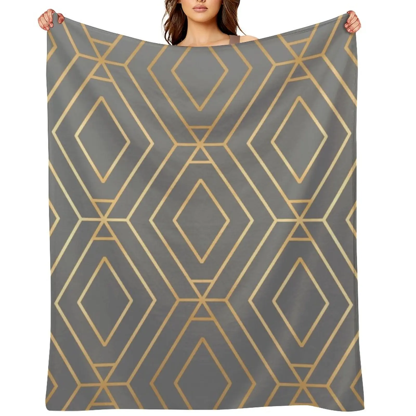 

Grey & Gold Diamond Geometric Throw Blanket Decoratives Beach Soft Plaid wednesday Blankets