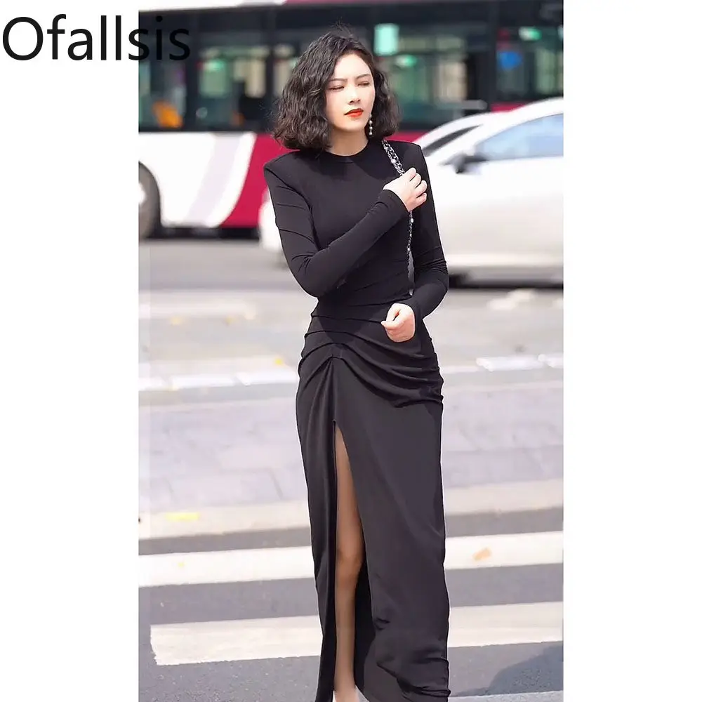 Ofallsis O neck Black Evening Dress 2024 Early Spring New Fashion Street Blast High Split Pleated Slim Fit Long Party Dresses