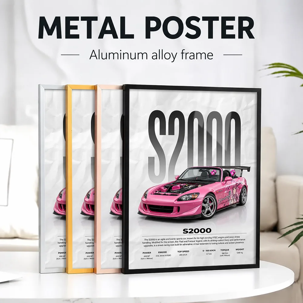 Sleek Pink Japan S2000 Car Metal Poster With Aluminum Alloy Frame Customized Photo Dynamic Graphic Style Wall Art For Man Cave