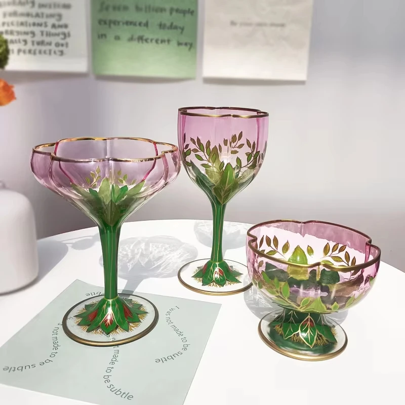 Austria Vintage Champagne Wine Glasses Crystal Glass Red Wine Cup Light Luxury Pink Hand Painted Ice Cream Bowl Flower Goblet