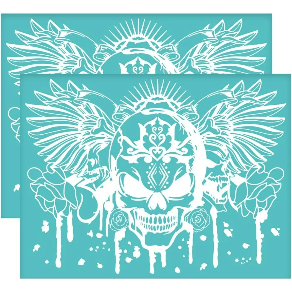 2Pcs 11x8.6 Inch Wild Skeleton Self-Adhesive Silk Screen Printing Stencil Skull with Wing Flower Silk Screen Stencil Scrawl