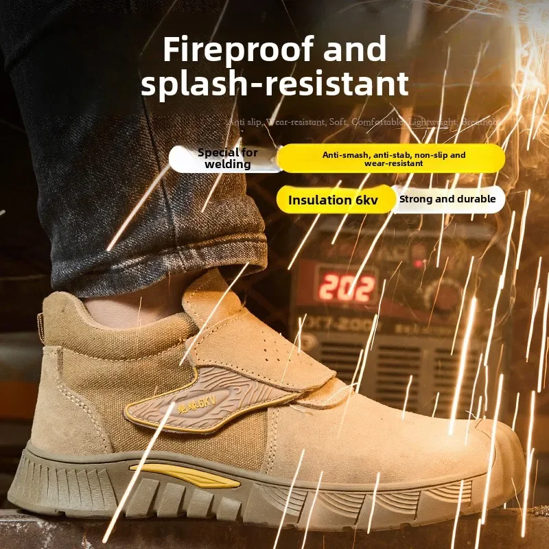 Men Steel Toe Safety Shoes Suede Velcro 6KV Insulation Anti Smash Anti Puncture Heat Resistant Welding Footwear Drop Shipping