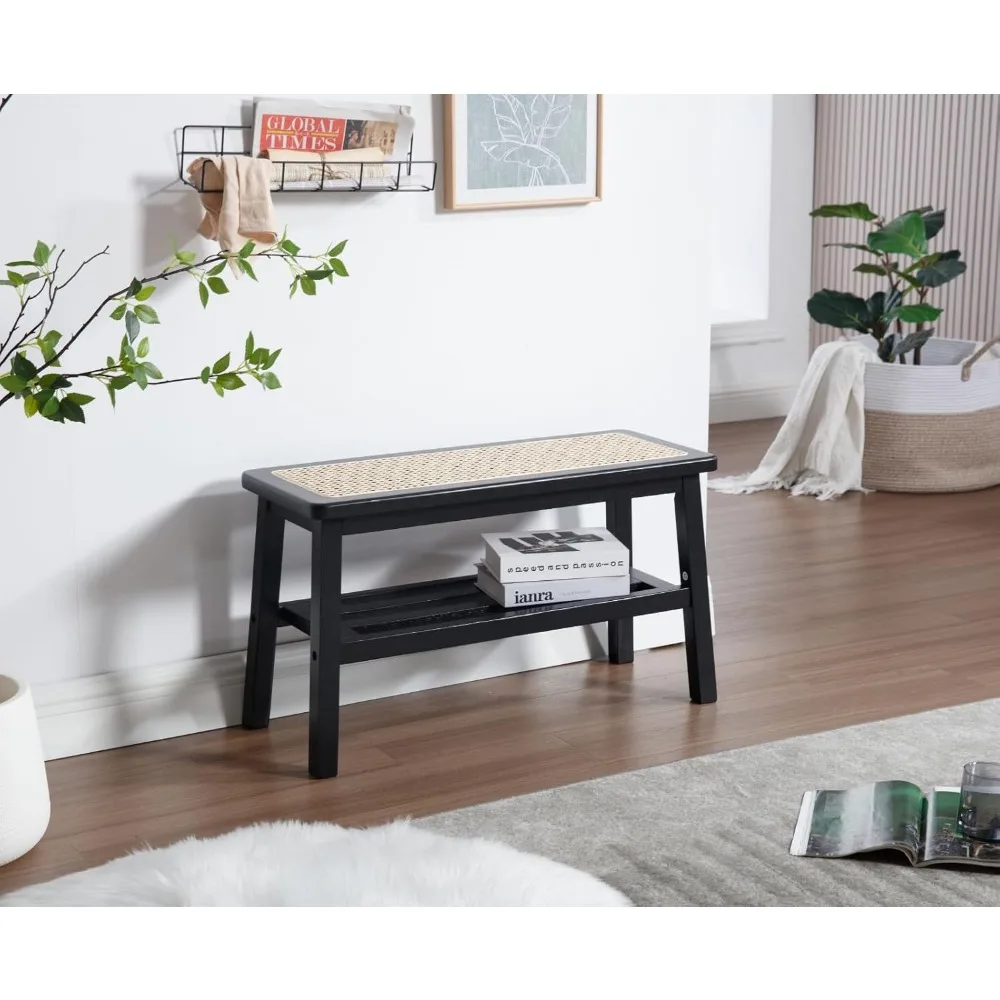 30 Inch Farmhouse Style Rattan Wood Bench with Shoe Storage for Entryway and Dining Area