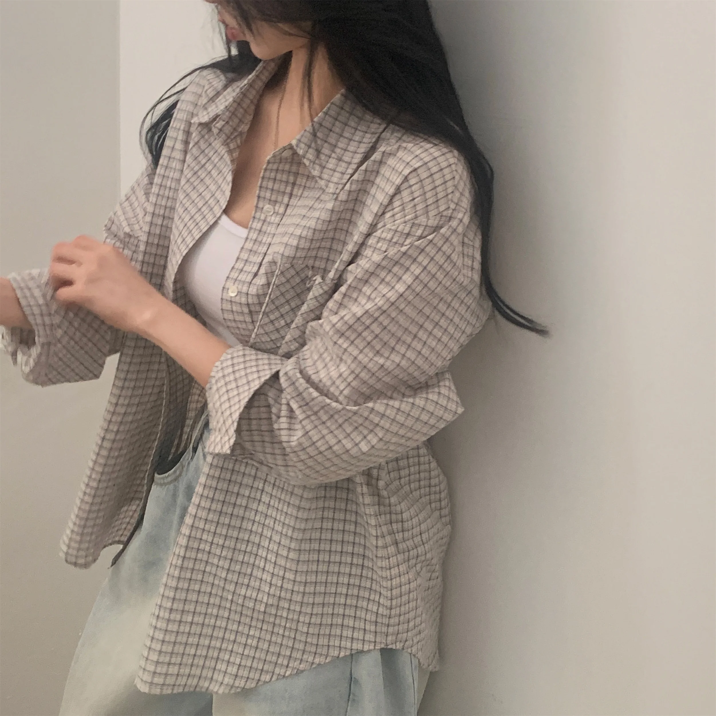 ملابس كورية Sle بزر واحد منقوشة طويلة Sve للسيدات irt عادية رقيقة لموسم الخريف ملابس فاخرة للسيدات