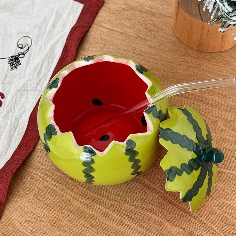 Watermelon Bowl Cute Pretty Ceramic Bowls With Lid Creative Large Capacity Kitchen Dishes Fruit Salad Bowls Table Decoration