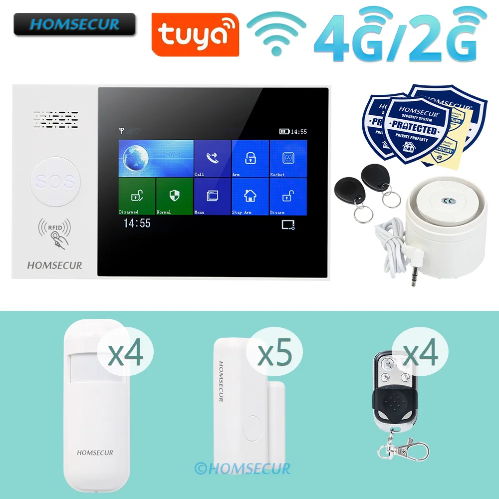 

HOMSECUR Wireless WIFI 4G GSM RFID SMS Autodial Burglar Intruder Alarm System Tuya APP Remote Control for Home/Office Security