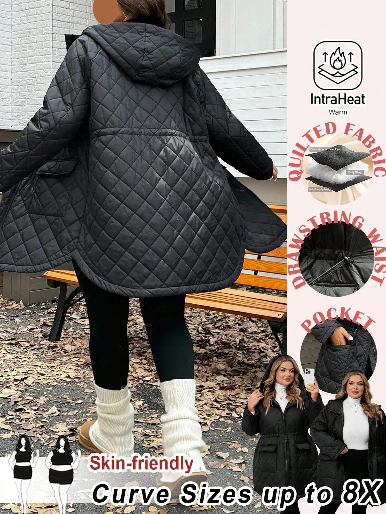 

Women's Hooded Quilted Winter Jacket with Drawstring Waist, Plus Size up to 8X, Warm & Skin-Friendly for Casual Daily Wear