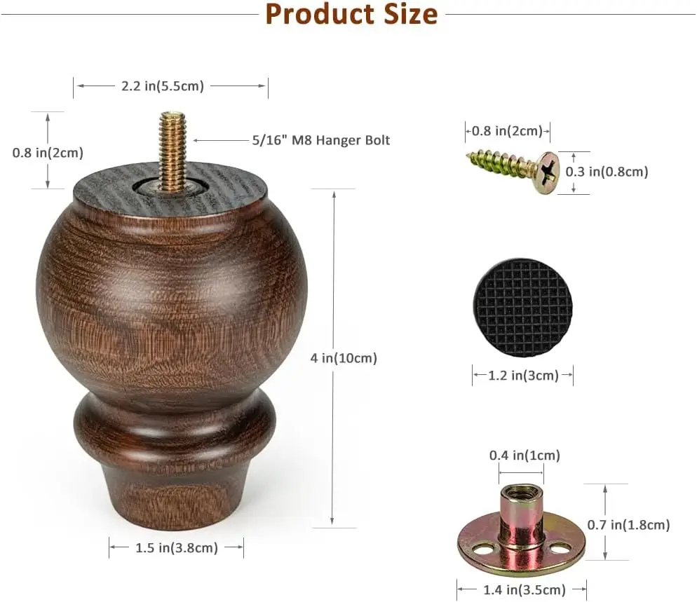 4 Inch Wooden Furniture Legs Set of 4 Sofa Replacement Brown Solid Wood Furniture Feet for Armchair Couch Cabinet Dresser Ottoma