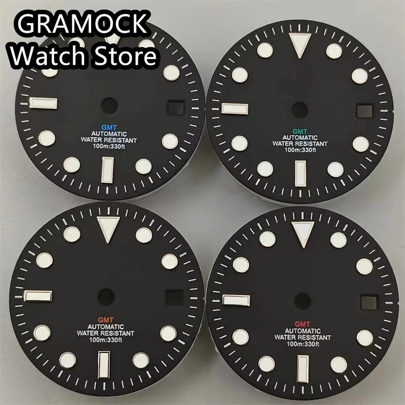 GRAMOCK 29mm black watch dial White Red Orange Green Blue GMT Mark Dial luminous dial fit NH34 MingZhu3804 movement