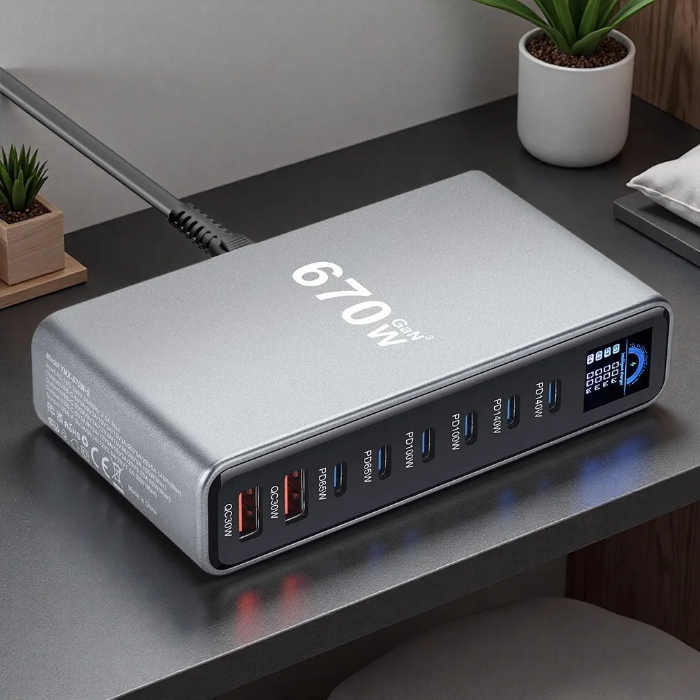 Multi-Port  140W USB-C PD3.1 670W Charging Station Hub 540W GaN Desktop Fast Charger with Digital Display for Phones & Tablets