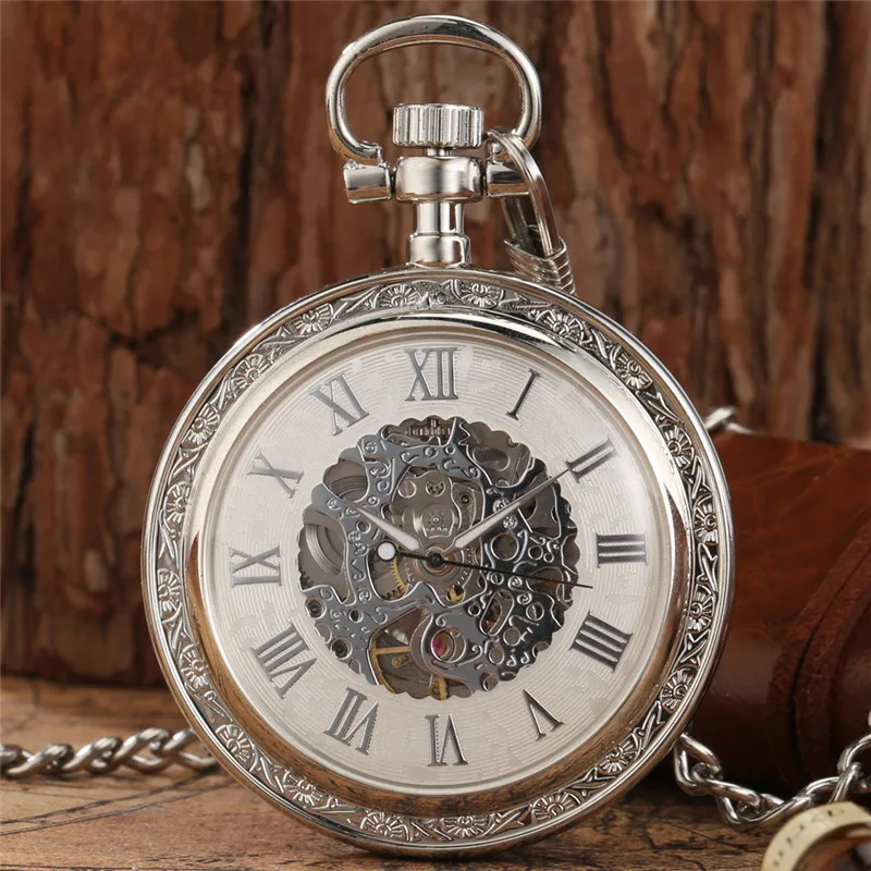 Relógio de bolso mecânico prateado para homens, relógio de esqueleto automático, ponteiros luminosos, visor numeral romano, relógios abertos com corrente
