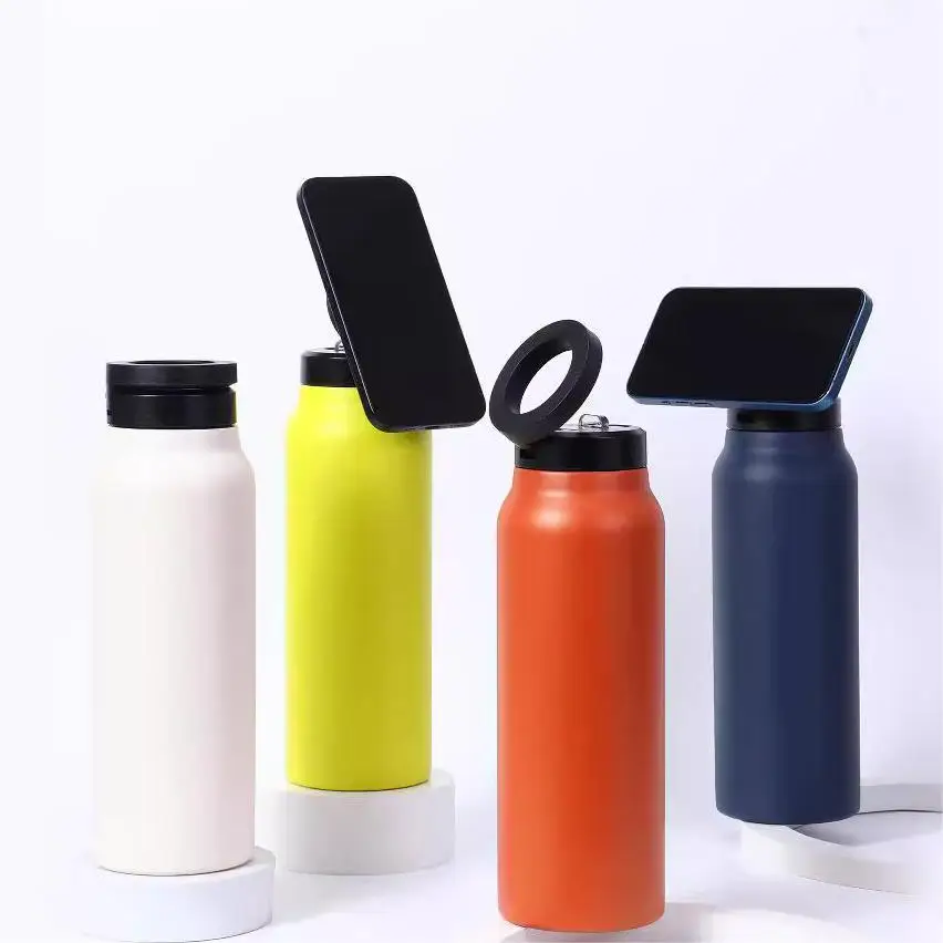 24Oz Insulated Water Bottle with Phone Mount Durable Leakproof Stainless Steel Sports Bottle for Outdoor Trip Household Camping