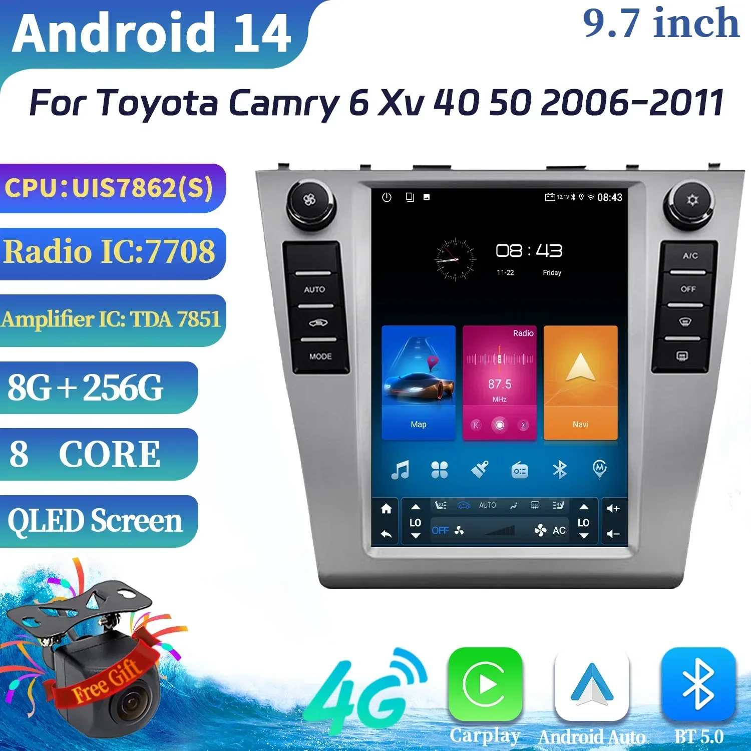 

9,7 дюйма, Android 14, для Toyota Camry 6 Xv 40 50 2006-2011, автомобильное радио, мультимедийный видеоплеер, навигация, 4G, GPS-навигация