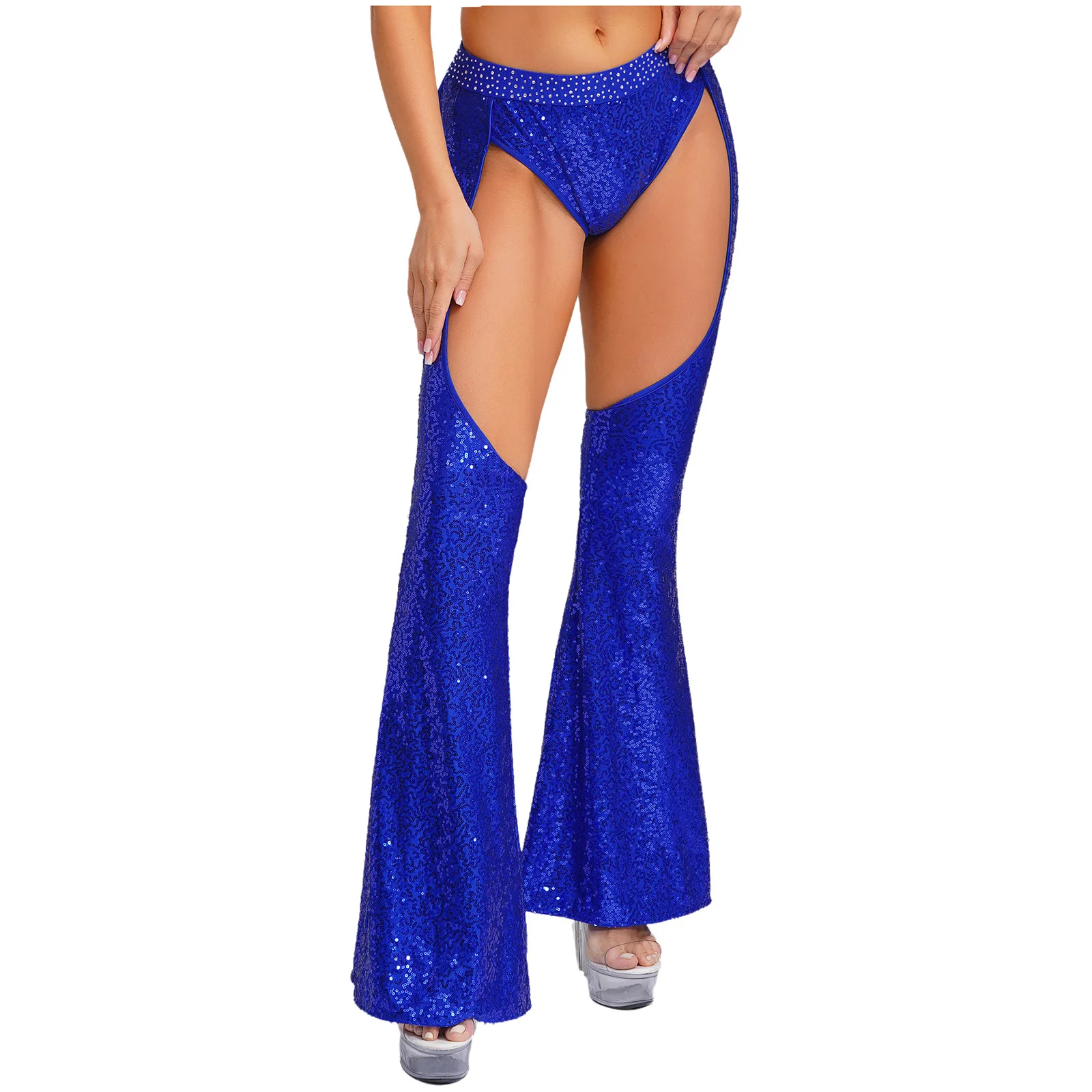 

Women Glittery 80s Disco Party Club Jazz Waltz Dance Performance Costumes Flared Pants Shiny Leg Cutout Pant for Club Party