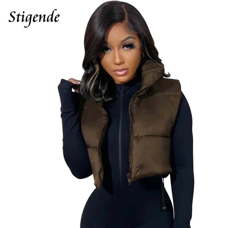 Stigende feminino gola alta preto colheita colete leve fino sem mangas puffer jaqueta casual zippper cordão curto regata