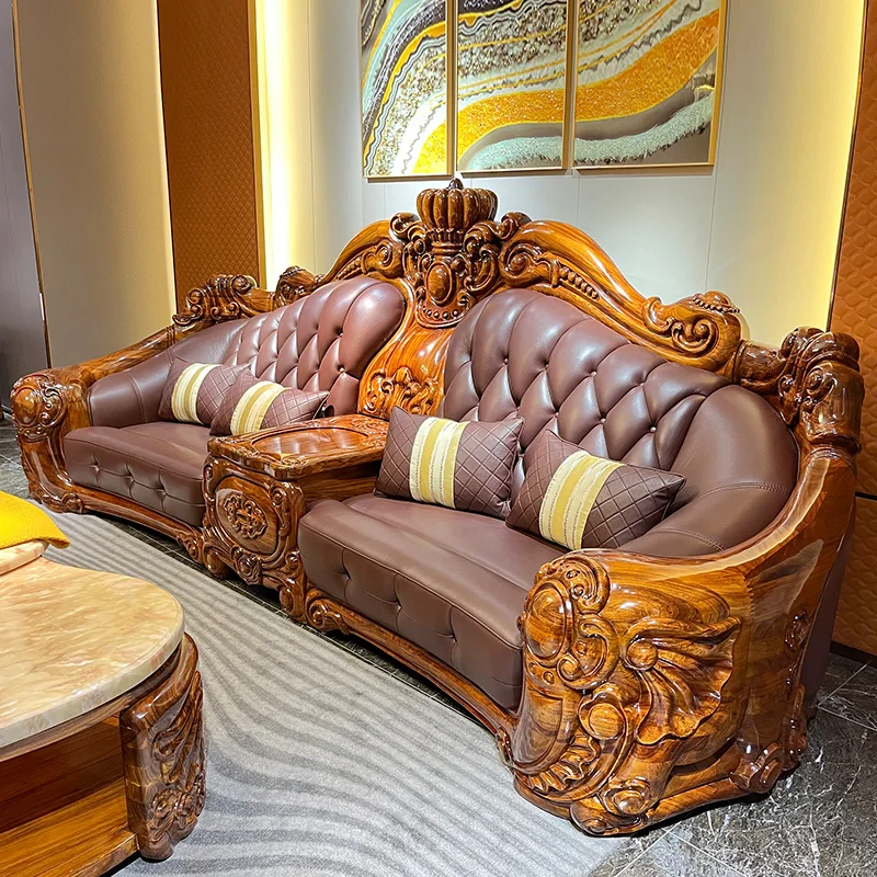 #European Style Villa Black Gold Wood Layered Cowhide Sofa, Large Unit Solid Wood Carved Sofa, High-end Leather Sofa Combination