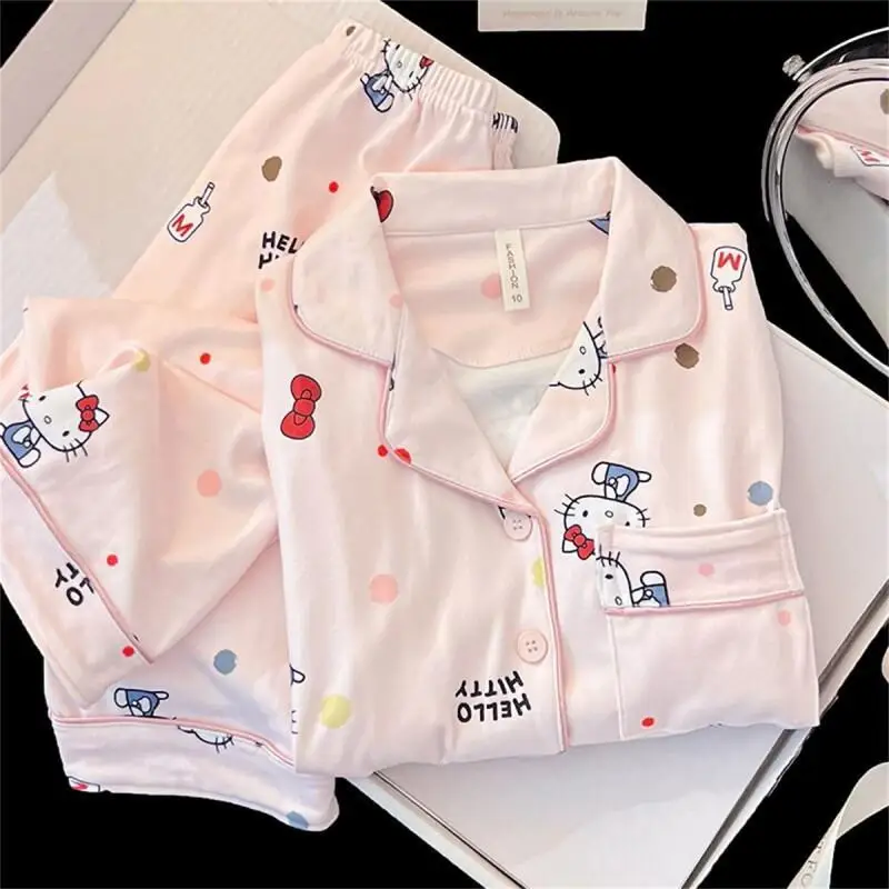 

Комплект пижам Sanrio Hello Kitty для женщин, студенток, для дома и общежития, милый мультяшный дизайн, весна-осень, новый, с длинными рукавами и длинными брюками, комплект для сна.