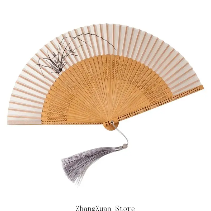 Eleganter chinesischer Faltfächer mit seidenartigem Stoff, ideal für Fotoshootings und traditionelle Kostüme. Handgefertigter Fächer, 3XUF. – Detail 9