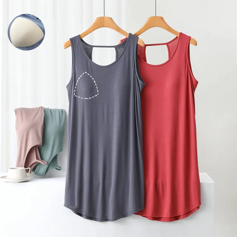 

Summer Modal Tank Dress Bra Padded Women's sundress Breathable solid color sexy backless camisole dresses All match