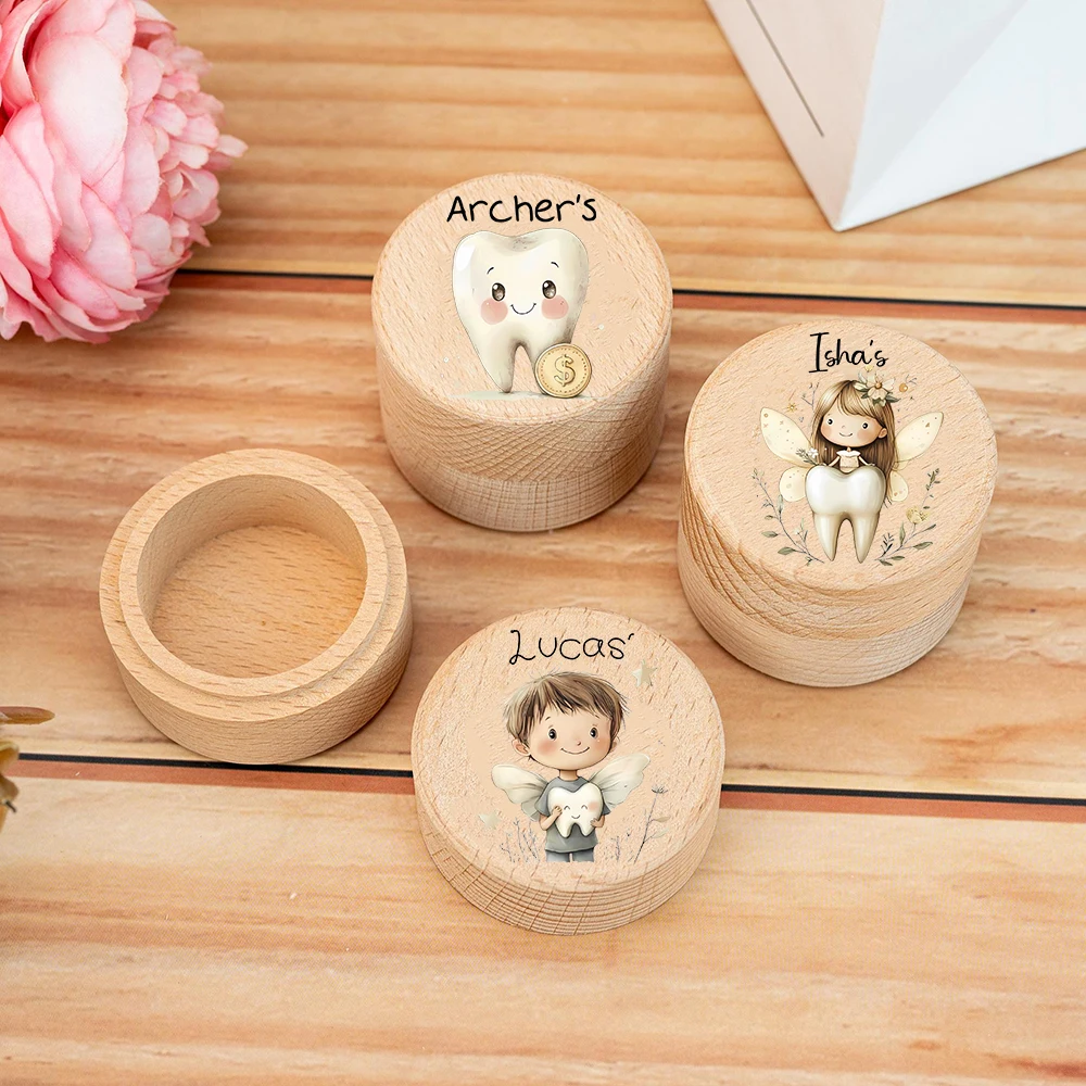 Custom Wooden Baby Teeth Storage Box Round Wooden Tooth Fairy Holder Birthday Gift for Girls & Boys Custom Name Milk Tooth Box