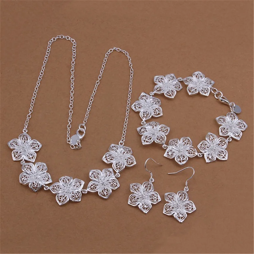 Fashion Party wedding 925 sterling Silver Jewelry sets fine Retro Flowers necklaces bracelets earrings for women Gifts