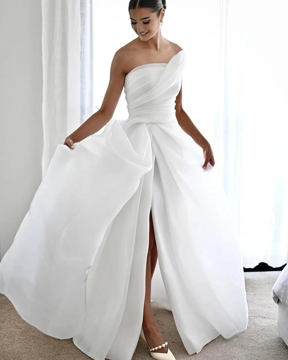 

OTHRAY Vestido De Noiva One Shoulder Organza Wedding Dresses A Line Elegant Bride Dress Wedding Gowns Buttons