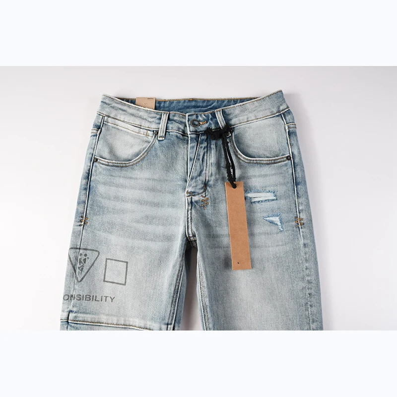 بنطال جينز رجالي High Street Distressed Light Indigo Stretch نحيف بأزرار ممزقة #3