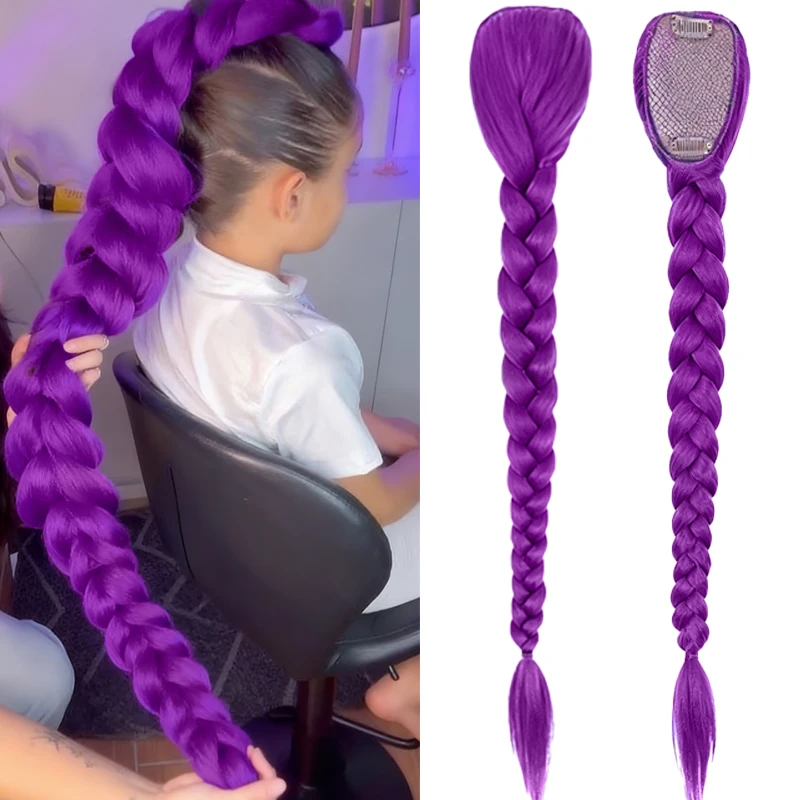 

Synthetic Braided Purple Hair Ponytail Rumi Hairstyle 26inch Long Hair Braids Extensions with Clips for Kids Girls Party Use