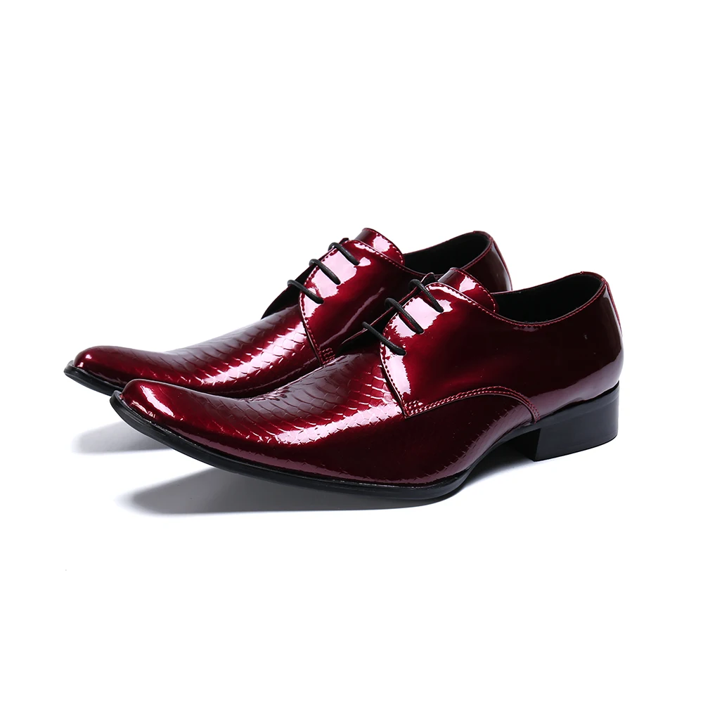 Luxury Red Lacquer Leather Pointed Toe Men Lace Up Shoes Wedding Party Banquet Shoes Elegant Business Big Size Male Formal Shoes