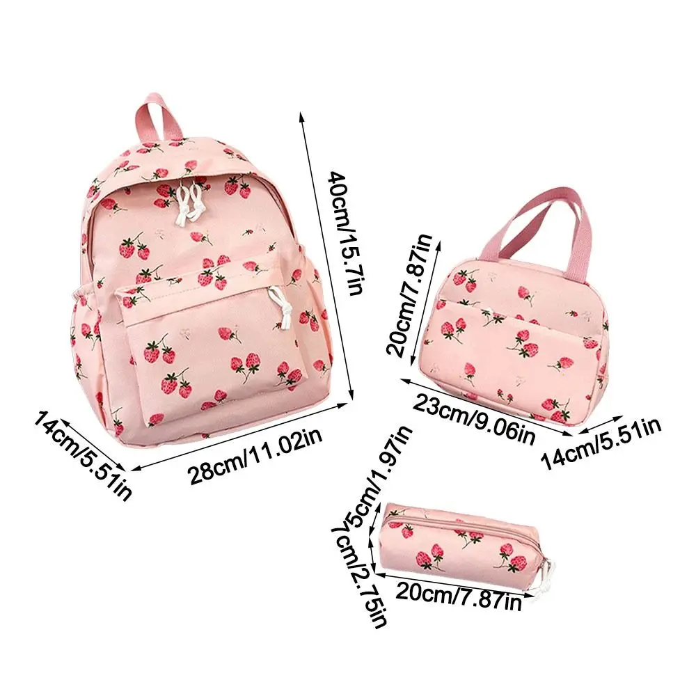 Oxford Cloth Strawberry Backpack Large Capacity Adjustable Laptop Backpack with Lunch Bag & Pencil Case Preppy Style School Bag