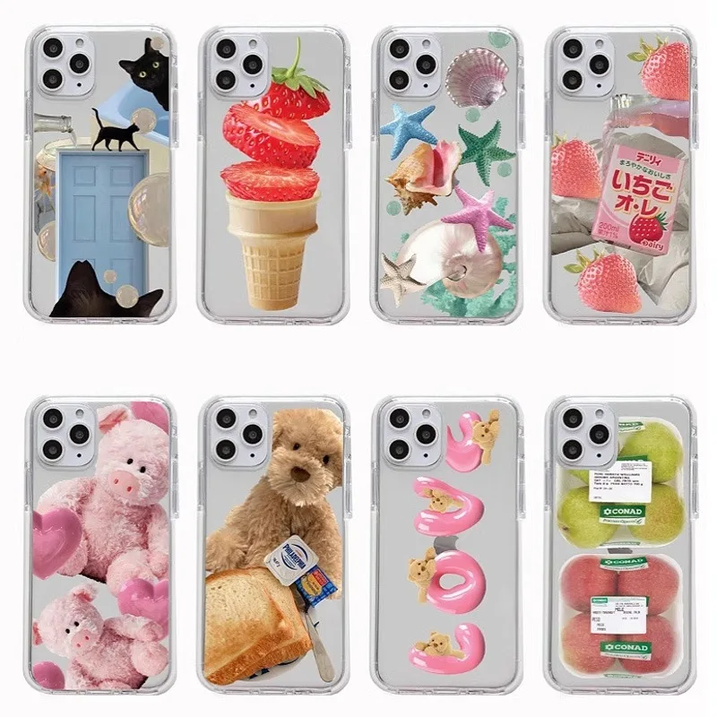 INS Cat Fruit Doll Ice Cream Phone Case For iPhone 16 15 14 13 12 11 Pro Max Mini X XS XR SE 7 8 Plus Transparent Cover Fundas