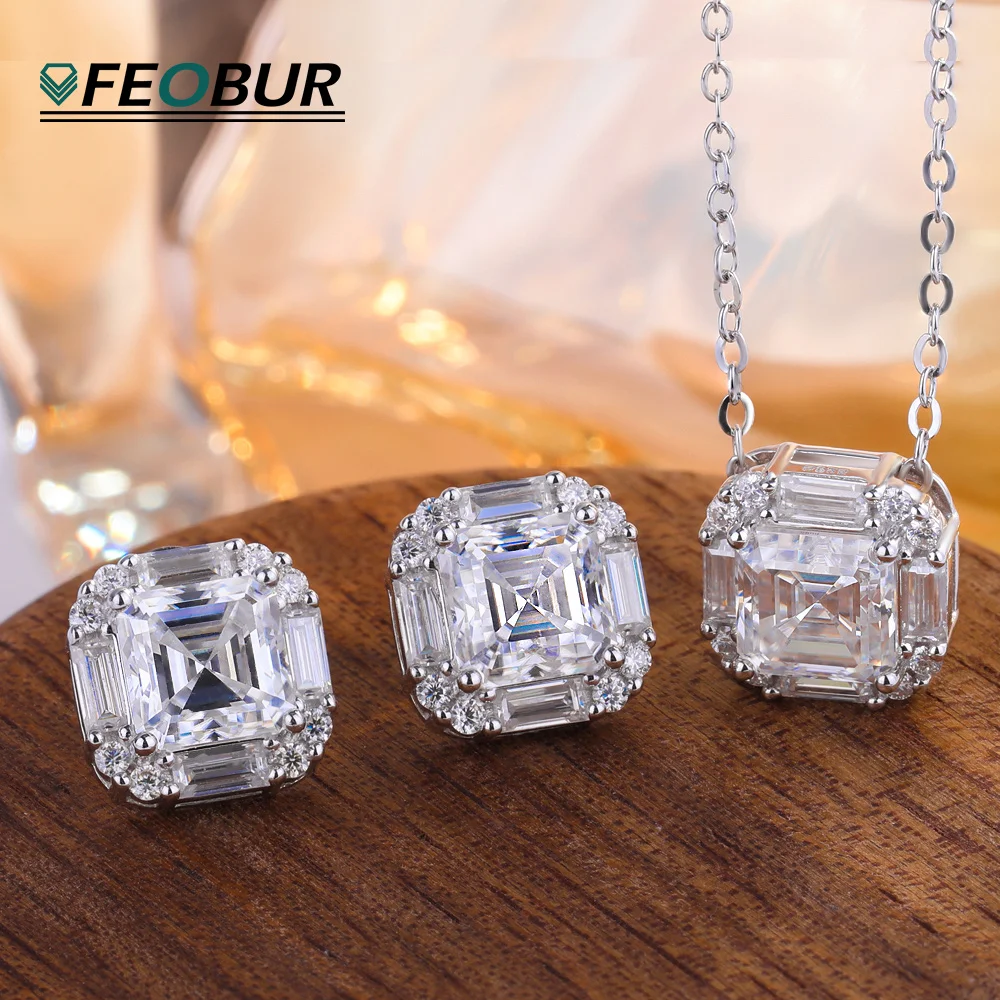 

2CT Asscher Cut Moissanite Pendant Necklace for Women 925 Sterling Silver Baguette Halo Lab Diamond Bridal Wedding Jewelry Gifts