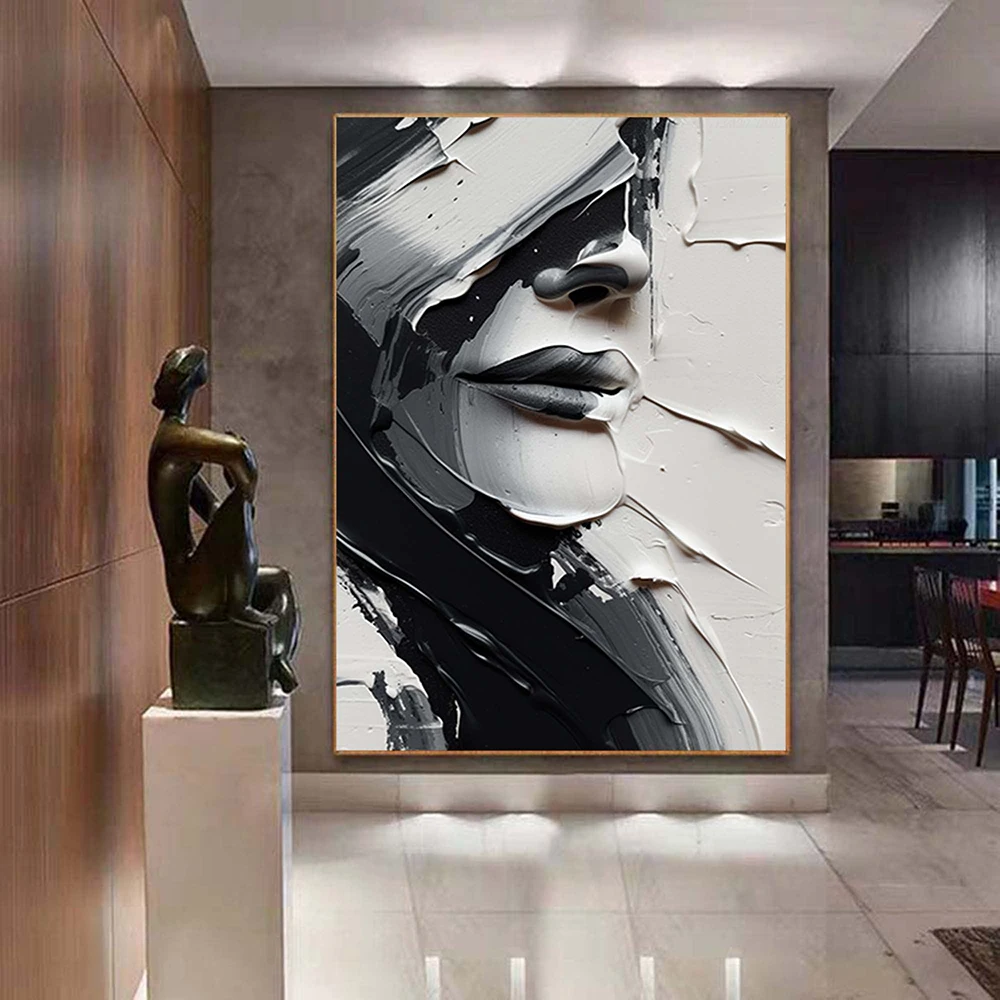 Hand Painted Oil Painting Abstract Black And White Face oil Painting Black White Wall Art Large Black And White Painting Decor