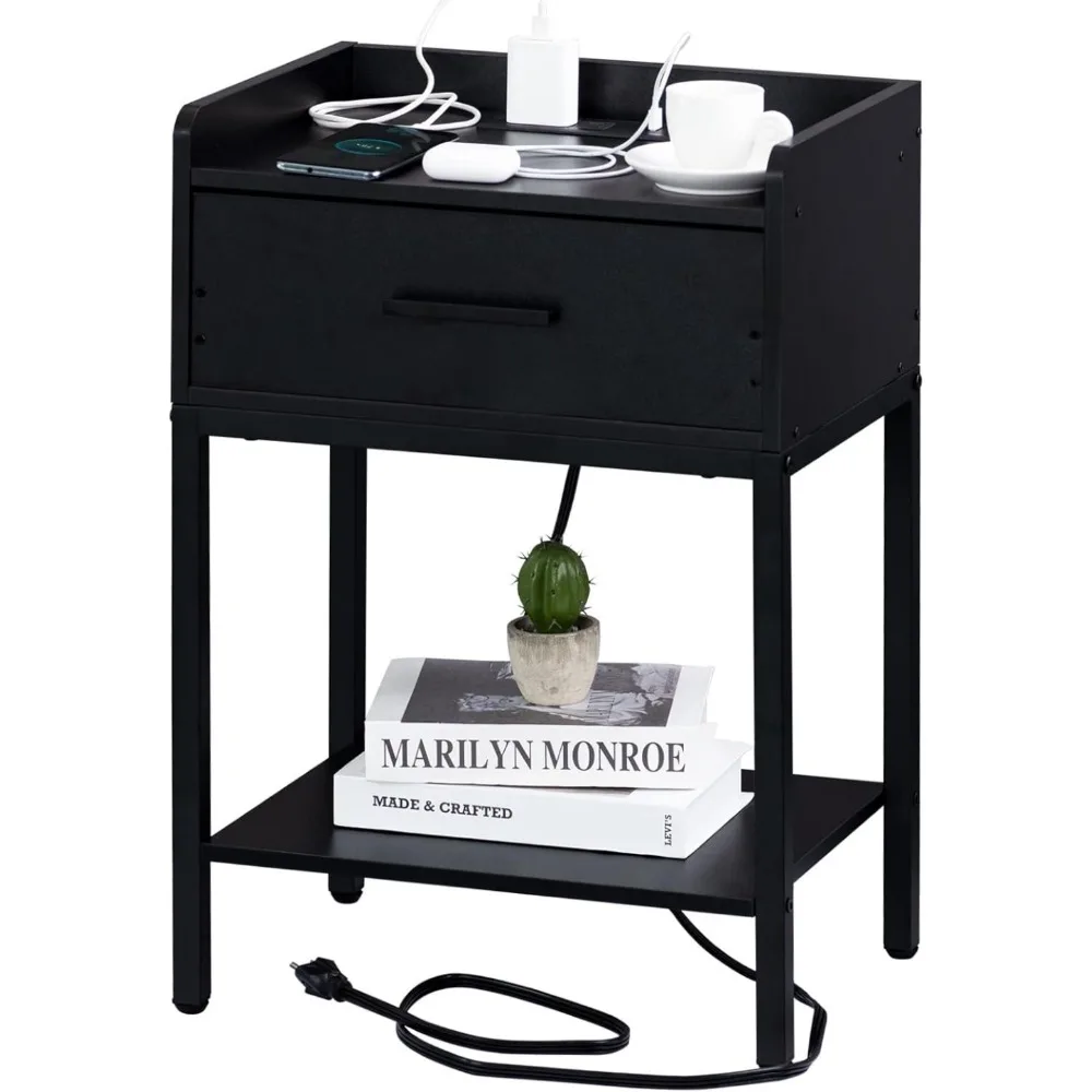 

Nightstand with Charging Station and USB Ports, 3-Tier End Side Table with Storage Drawer and Shelf, Bedside Night Stand