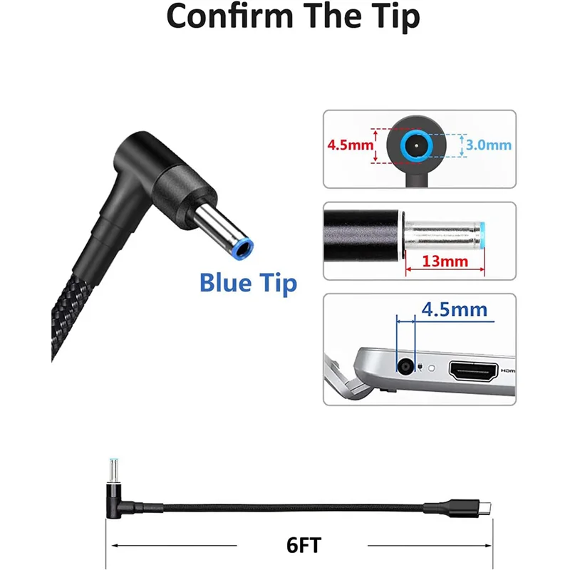 USB C-노트북 충전 케이블 어댑터, C타입-DC 컨버터, 100W PD 전원 충전기, HP용 공급 코드, 4.5x3.0mm