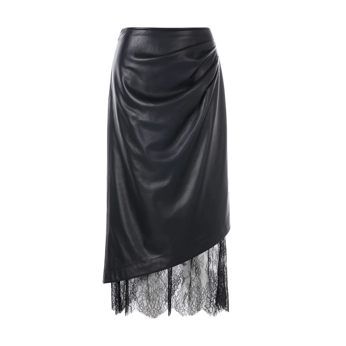 레이스 패치워크 가죽 PU 미디 스커트 프렌치 스타일 패셔너블 하프 바디 힙 허깅 스커트 하이 웨이스트 피쉬테일 스커트