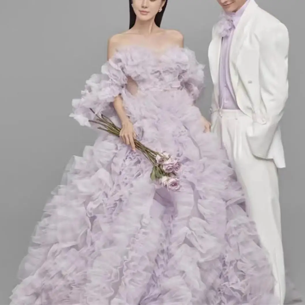 Wedding Celebrity Dress Stage Neck Feather Cascading To Floor Purple Tulle Noble Elegance 2023 فستان حفلات الزفاف 웨딩 드레스