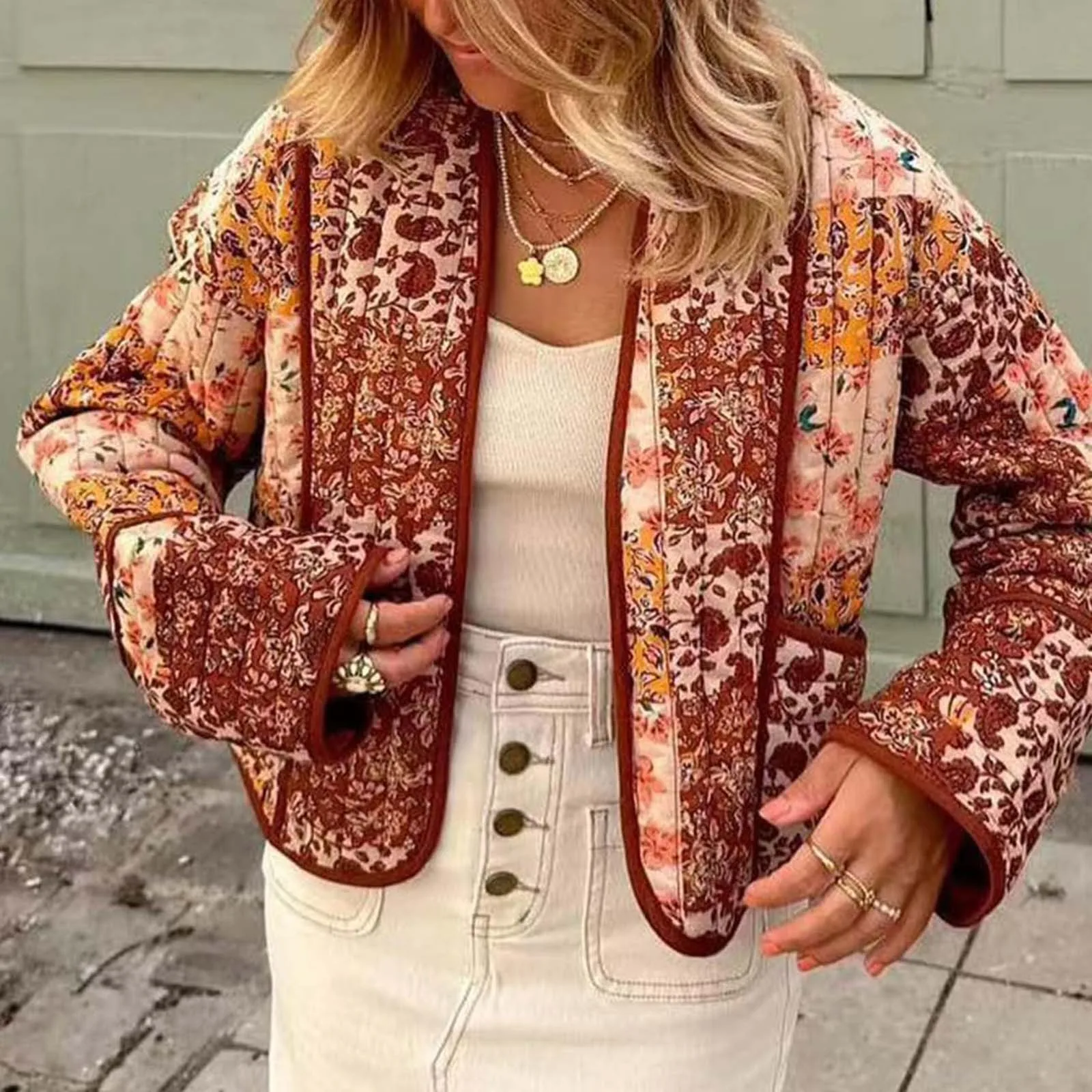 New Floral Printed Quilted Jacket For Women Cardigan Winter Pocket Cotton Down Coat Vintage Lightweight Padded Coats Chaquetas