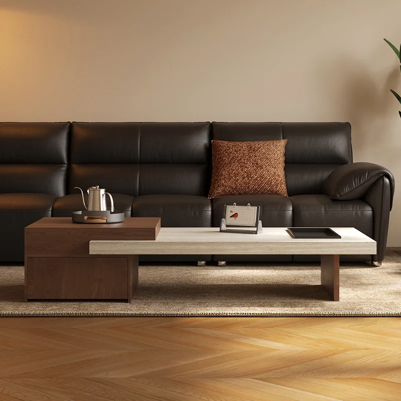 طاولة قهوة على طراز العصور الوسطى من Travertine & Rock Slab - طاولة قهوة إيطالية بسيطة قابلة للتمديد فيلا أثاث منزلي FYCT