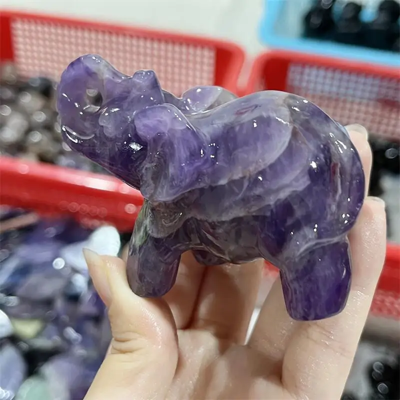 

Natural Dream Amethyst Elephant Carving Animal Crafts Healing Crystal Stone Feng Shui Home Decoration Gift 1PCS