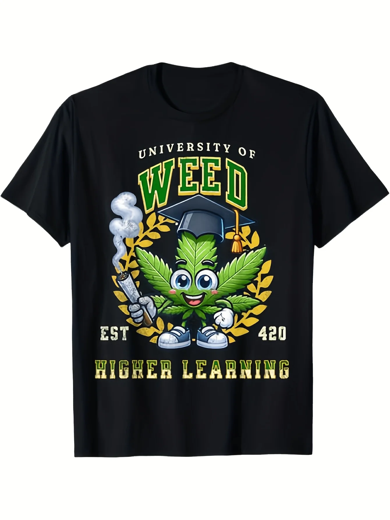 تي شيرت رجالي قطني - "جامعة الاعشاب 420 Higher Learning" طباعة جرافيك، أسود، مقاسات S-XXL، رقبة دائرية كاجوال